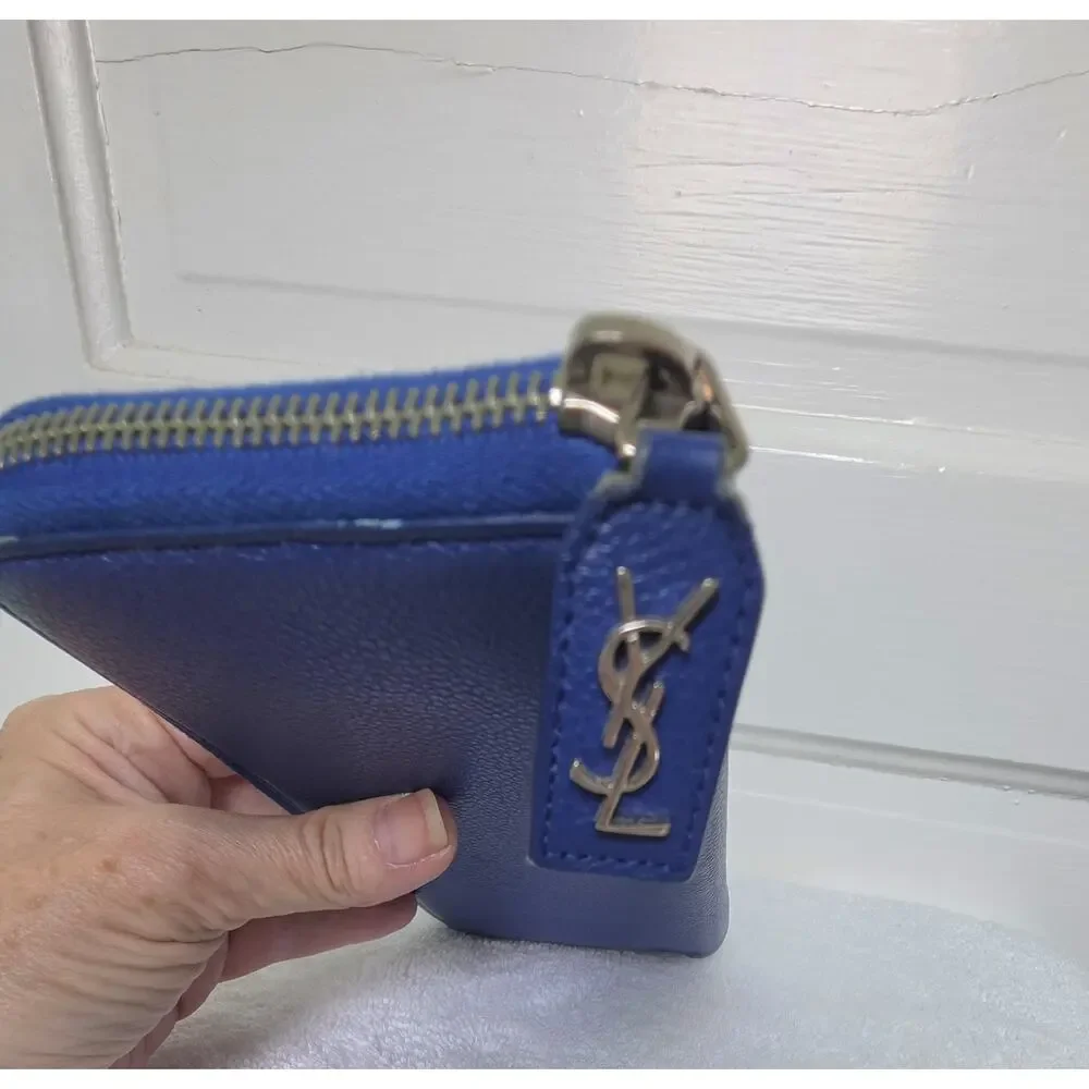 Saint Laurent YSL Women’s Blue Solid Leather Zip-Around Wallet w/ COA